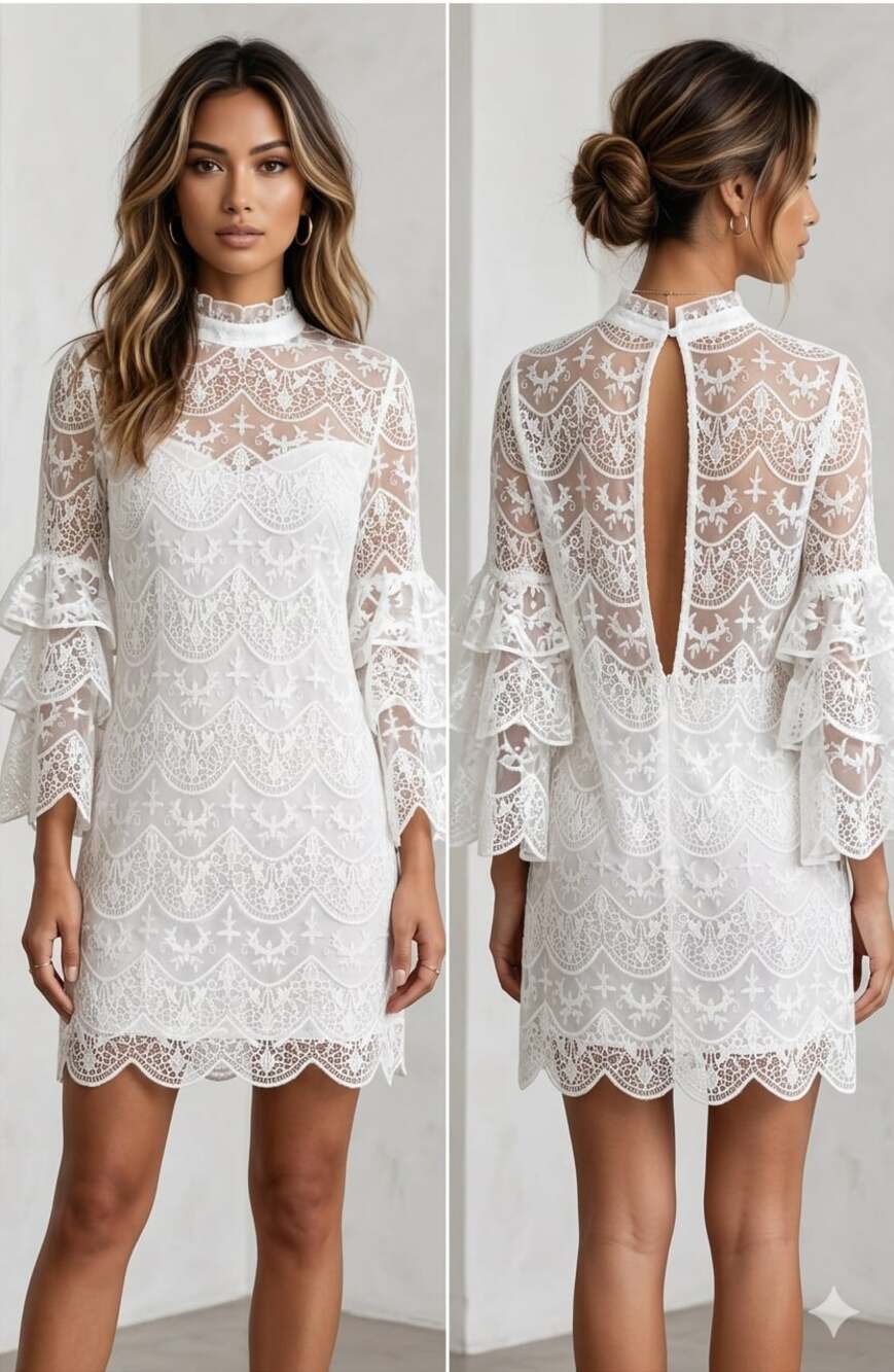 Y.A.S White Embroidered Lace Bell Sleeve Dress Small Coquette chic